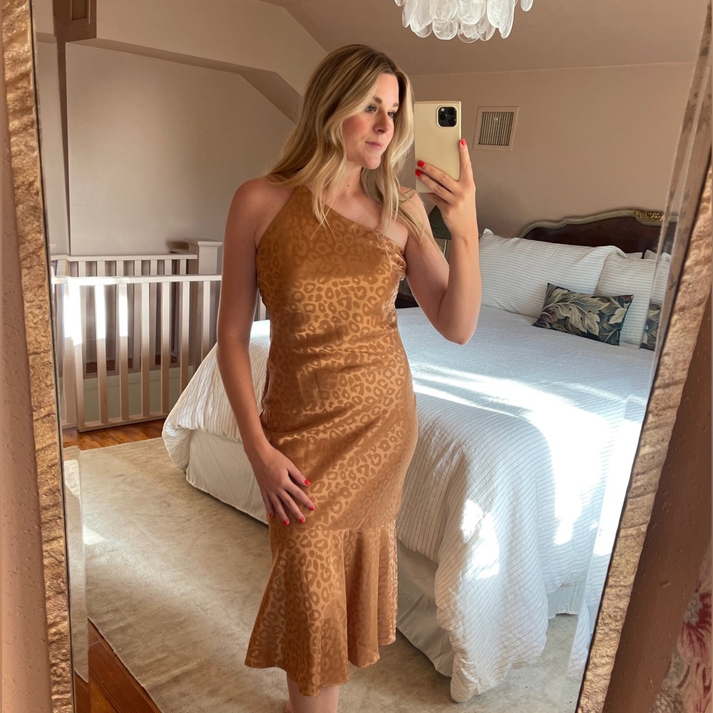 Leopard Print One Shoulder Midi Dress | Medium | Bronze